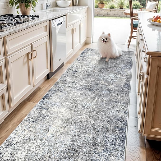 4x12 ft Extra Wide Hallway Rug – Non-Slip Washable Large Long Carpet Runner for Kitchen, Indoor Entryway, Modern Abstract Low-Pile Thin Floor Mat for Bedroom, Living Room, Dining Room（Blue Grey,4x12）