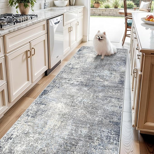 4x12 ft Extra Wide Hallway Rug – Non-Slip Washable Large Long Carpet Runner for Kitchen, Indoor Entryway, Modern Abstract Low-Pile Thin Floor Mat for Bedroom, Living Room, Dining Room（Blue Grey,4x12）
