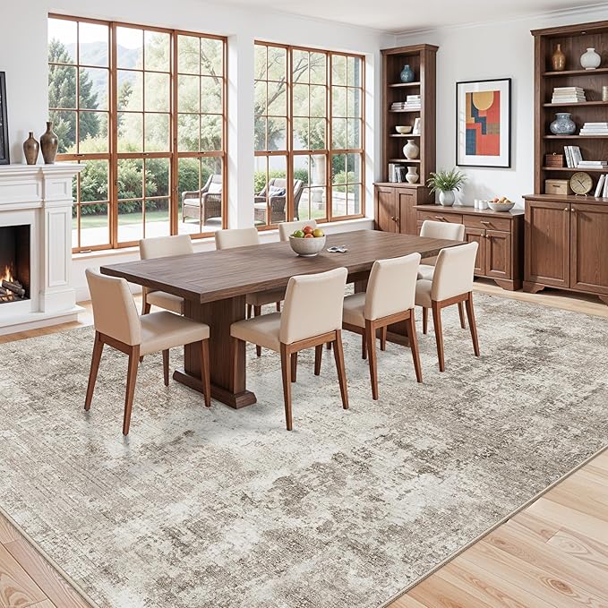 11x14 Washable Rug for Living Room Bedroom Dining Room – Large Neutral Soft Low-Pile Modern Abstract Area Rug – Non-Slip Stain-Resistant Indoor Carpet (Beige Grey)