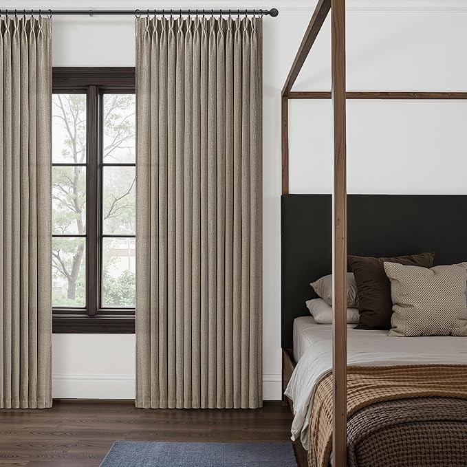 Extra Long Dark Flax Semi Sheer 60 Inch Wide Curtains 108 Inches for Bedroom, Memory Trained Pinch Pleated Natural Linen Neutral Curtain Light Filtering Brown Windows Drapes 2 Panels Set 9FT Length
