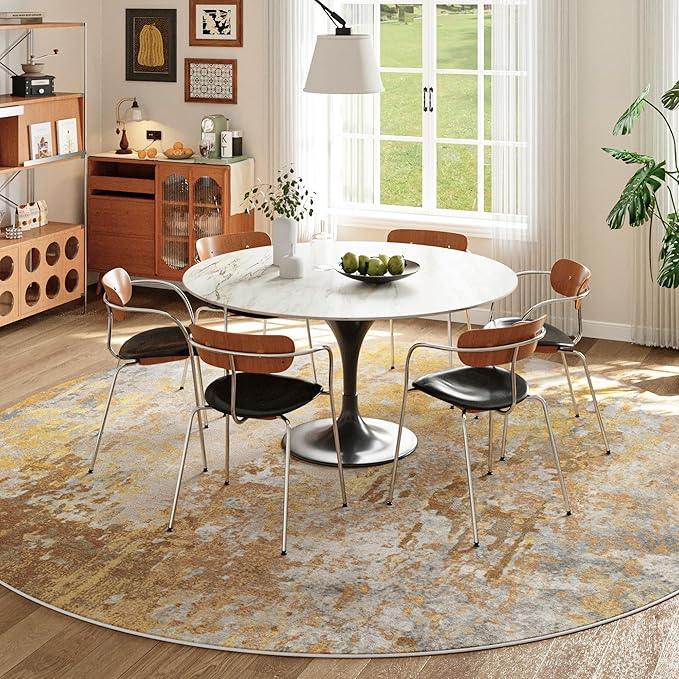 Beige Gold Round Rugs 6ft Washable Circle Area Rug for Entryway Kitchen, Non Slip Soft Low Pile Stain Resistant, Boho Circular Carpet for Living Room Bedroom Dorm Dining Room Table, Abstract