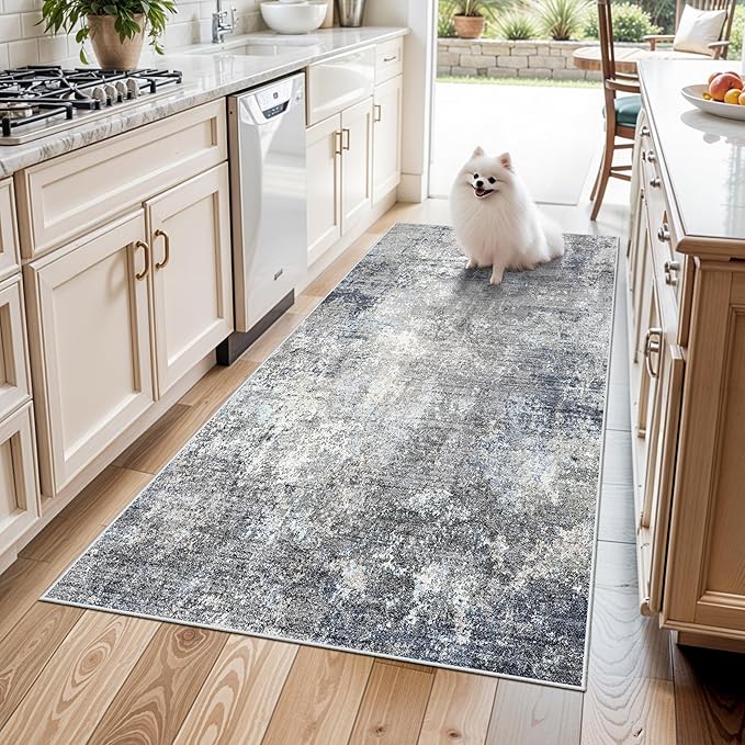 4x6 Rug Machine Washable Non-Slip – Soft Small Area Rug for Indoor Entryway Living Room Bedroom Kitchen – Modern Abstract Neutral Low Pile Carpet（Blue Grey,4x6）