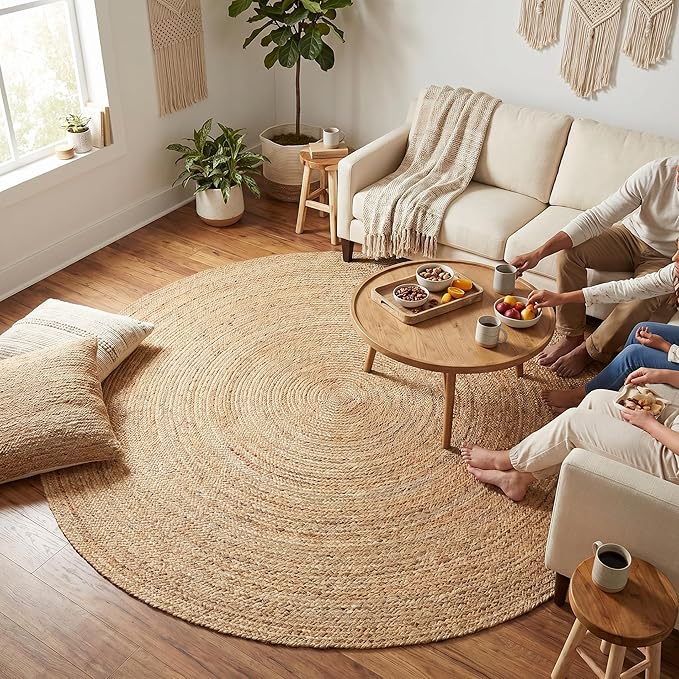 Jute Braided Area Rug, Natural - 8 Feet Round, Boho Neutral Indoor Circle Hand Woven Rugs for Living Room, Bedroom, Nursery, Dining Area | Farmhouse Large Rustic Patio Floor Mat for Coastal Décor