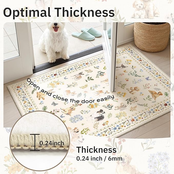 Soalmost 2x3 Dog Rugs for Entryway, Machine Washable Door Mat Animal Floral Small Area Rug Non-Slip Low Pile Soft Throw Rugs for Entrance Kitchen Indoor Front Door Kids Room (2 x 3,Beige)