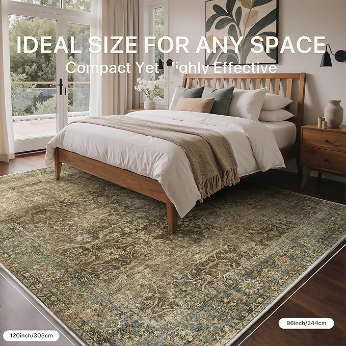 Bavni Area Rugs 8X10-Machine Washable Rug Lightweight Low Pile, Vintage Floral Rug Non-Shedding Distressed Throw Carpet for Living Room Bedroom Office, Green