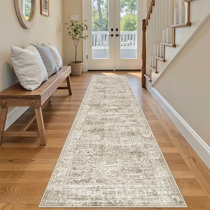 Soalmost Washable Runner Rug, 2'6" x 8' Non-Slip Kitchen Vintage Foldable Hallway Runners for Entryway, Laundry, Bedroom, Brown