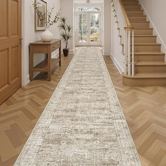 Soalmost Runner Rug 2'6" x 16' Washable Non-Slip 2.5x16 ft Long Runner Rugs for Kitchen Bathroom Laundry Room Vintage Ultra Thin Runners for Hallway Entryway Brown
