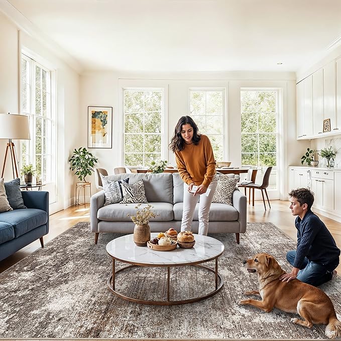 8x8 Square Living Room Area Rug – Washable Modern Neutral Abstract Indoor Rug for Bedroom, Dining Room, Kitchen – Non-Slip Soft Low-Pile Floor Carpet (Brown Beige,8x8)