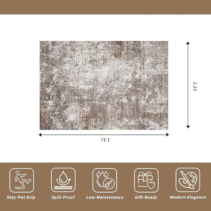 5x7 Washable Living Room Rug – Modern Neutral Abstract Area Rug for Bedroom, Dining Room, Kitchen & Home Office – Low Pile Thin Non-Slip Indoor Carpet (Brown Beige,5x7)