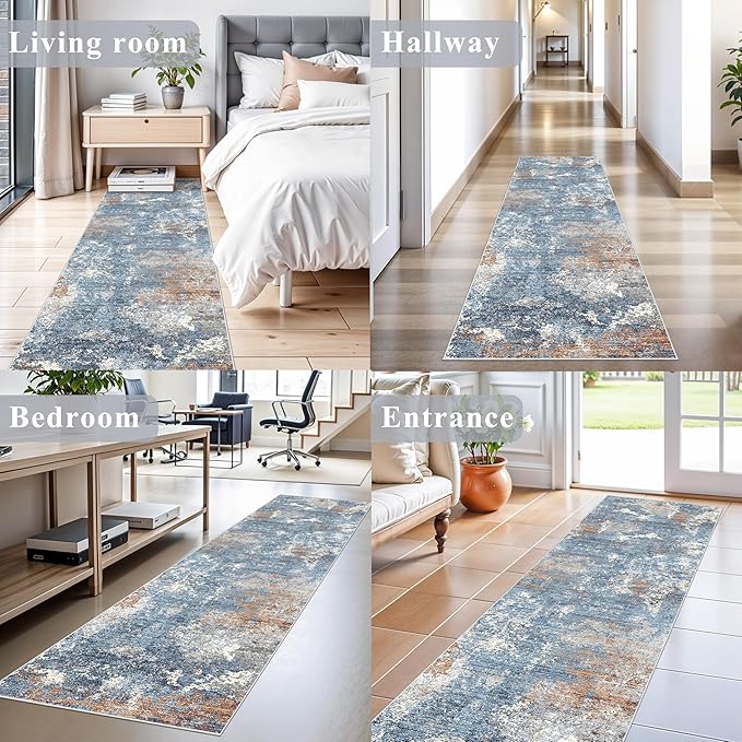 2x8 Washable Non-Slip Hallway Runner Rug – Modern Coastal Abstract Neutral Stain-Resistant Low-Pile Carpet Runner for Kitchen Entryway Bedroom Bathroom (Blue Rust,2x8)