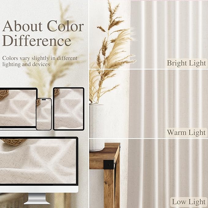 Beige Linen Curtains 63 Inches Long for Bedroom Back Tab Light Filtering Privacy Sheer Curtains Modern Farmhouse Coastal Decor Linen Cotton Textured Gauze Curtain for Bathroom 2 Panel Set 42x63