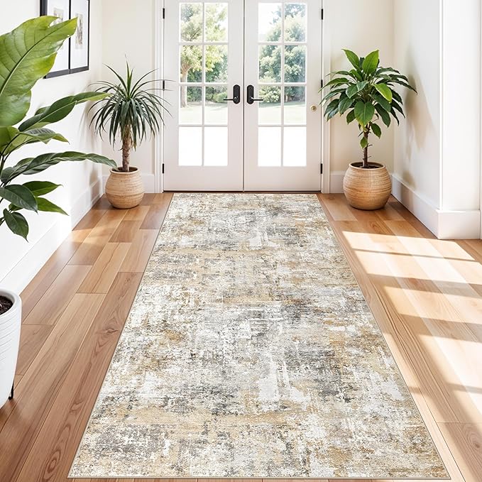4x12 Wide Hallway Runner Rug – Non-Slip Washable Rubber-Backed Large Carpet Runner for Kitchen, Entryway, Bathroom, Modern Abstract Low-Pile Thin Floor Mat for Living Room, Dining Room (Gold/Grey)