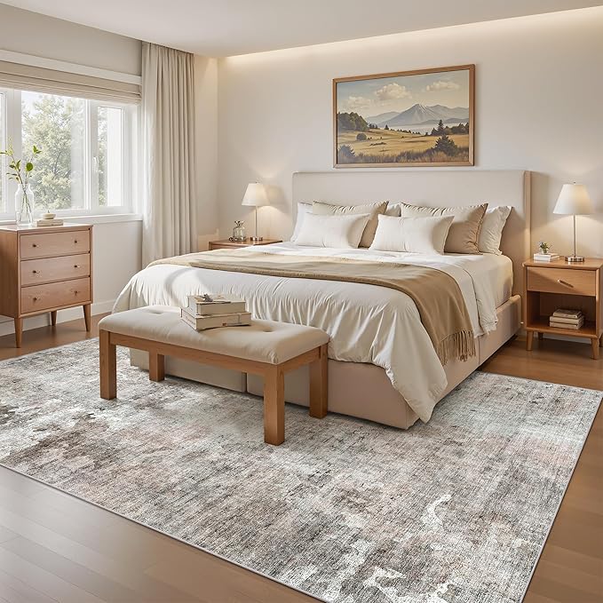 Soalmost 6x9 Abstract Area Rugs for Living Room 6 x 9 Washable Grey Pink Non Slip Low Pile Rugs for Bedroom Dining Room Foldable Thin