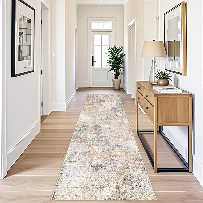 3x10 ft Long Hallway Runner Rug – Non-Slip Washable Kitchen Floor Rug with Rubber Backing, Modern Low Pile Thin Wide Carpet Runners for Bedroom, Entryway Indoor (Gold Grey,3x10)
