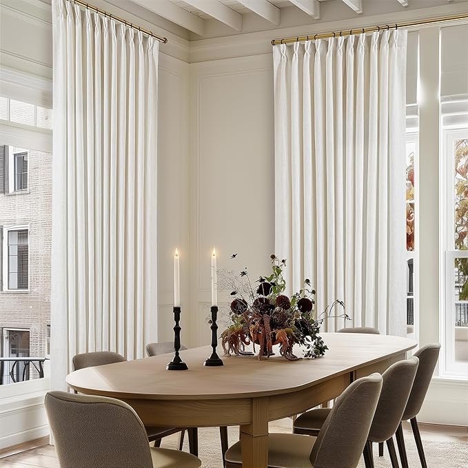 TWODRAPES Pinch Pleated Extra Wide Curtain Panels 96 Inches Long 70 Wide Linen Curtain for Patio Sliding Glass Door Semi Sheer Cream Hooks Rings Privacy 96 Inch Length for Living Room 70x96 1 Panel