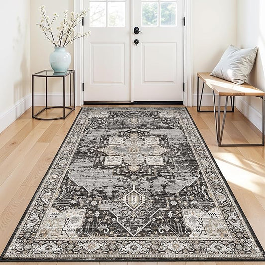 Washable 4x7 Area Rug for Entryway: Vintage Distressed Rugs with Non Slip Backing Low Pile Soft Indoor Carpet for Living Room/Kitchen/Bedroom Stain Resistant Decor Mat for High-Traffic Areas 4x7 Black