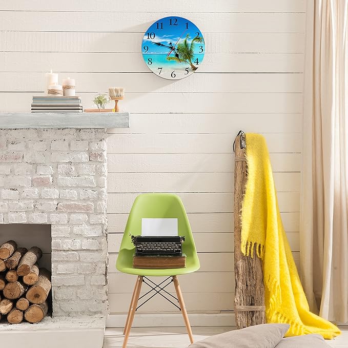 Britimes Round Wall Clock Silent Non-Ticking Battery Operated Clock 10 Inch, Turquoise Ocean Blue Beach Sand Home Decor for Living Room, Bathroom, Bedroom, Kitchen, Office and School