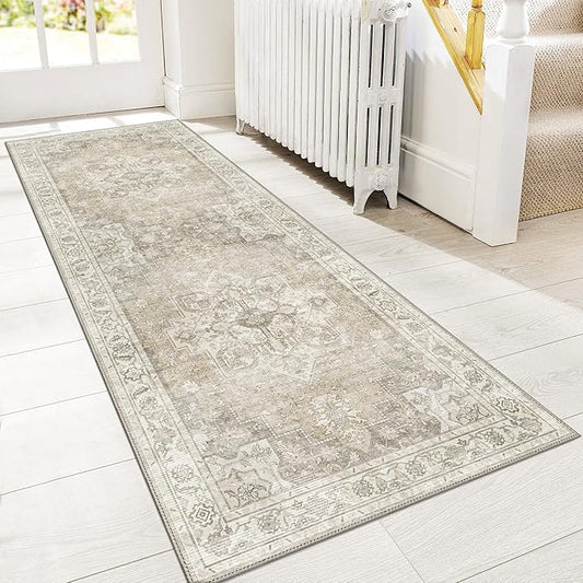 GENIMO Runner Rug for Hallways Machine Washable, 2x12 Non Slip Boho Vintage Lightweight Washable Runners, Thin Floor Rugs for Entryway Hallway Bathroom Laundry Room Corridor, Khaki Taupe