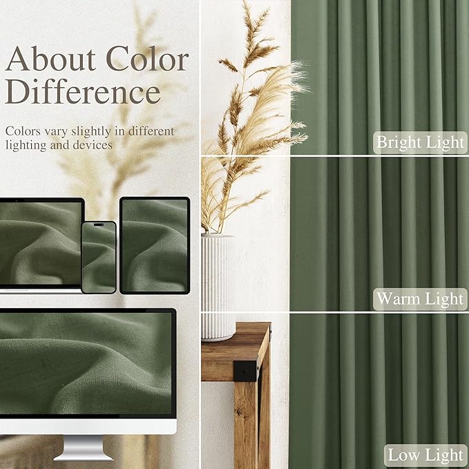 Nanspring Olive Green Linen Sheer Back Tab Curtains 45 Inch Length Semi Sheer Light Filtering Short Curtain Country Style Small Window Drapes for Bathroom/Kitchen/Kids Room 2Panels 40x45