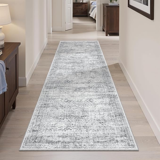 Soalmost Runner Rug 2'x6' Washable Non-Slip Runner Rugs for Kitchen Bathroom Laundry Room Grey Vintage Floor Carpet Runners for Hallway Entryway