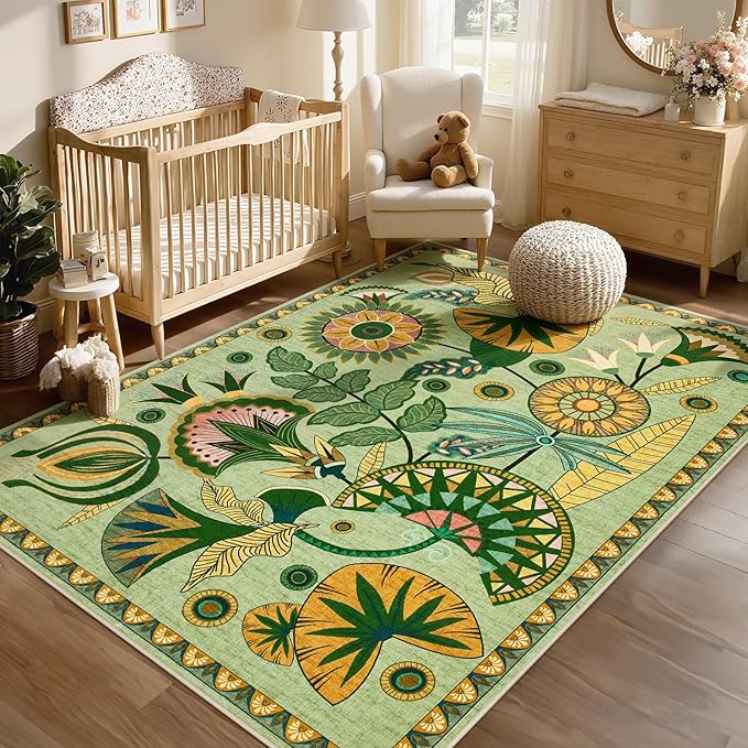 Joydeco Egypt Floral Boho Washable 5x7 Rug for Bedroom Nursery, Sage Green Vintage Living Room Playroom Area Rug Non Slip, Colorful Throw Carpet for Dining Room Kitchen Entryway Dorm