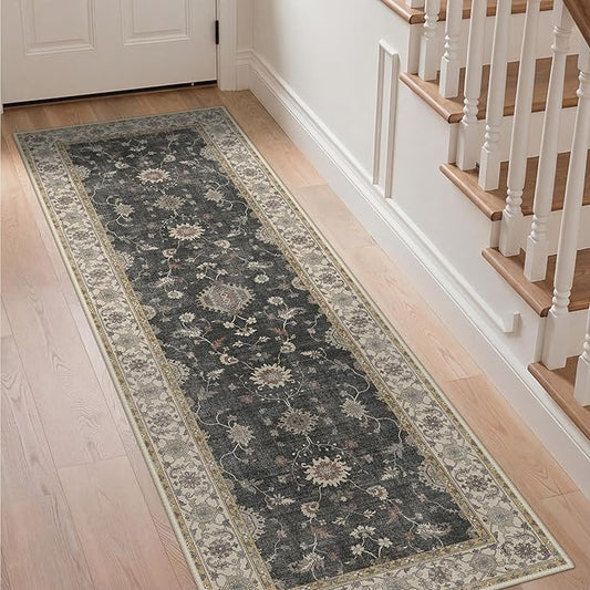 GENIMO Runner Rug for Hallways Machine Washable, 2x5 Non Slip Boho Vintage Lightweight Washable Runners, Thin Floor Rugs for Entryway Hallway Bathroom Laundry Room Corridor, Charcoal Brown
