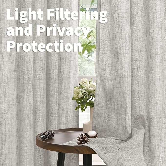 YoungsTex Light Grey Linen Curtains for Bedroom 38 x 63 Inch, Privacy Light Filtering Drapes with Bronze Grommet for Living Room Office Burlap Textured Decorative Curtain, 2 Panels