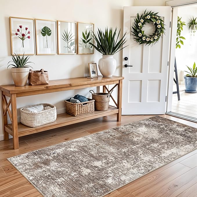 3x7 Kitchen Runner Rug – Washable Non-Slip Modern Abstract Neutral Carpet for Hallway, Entryway, Bedroom, Laundry Room & Bathroom – Low-Pile Thin Stain-Resistant Wide Floor Runner(Brown Beige,3x7)
