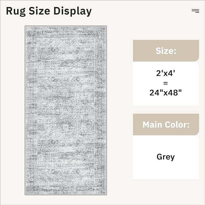 Soalmost 2x4 Washable Rugs for Kitchen, Floor, Entryway, Powder Room Small Area Rug Non-Slip Vintage Low Pile Throw Door Mat Grey