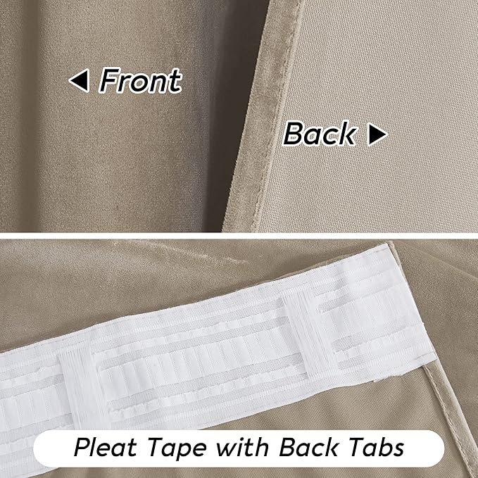 RYB HOME Camel Beige Velvet Curtains with Hook Tape, Thermal Insulated Privacy Protect Decorative Drapes for Home Theater, W 52 x L 72 inches, 2 Panels Set