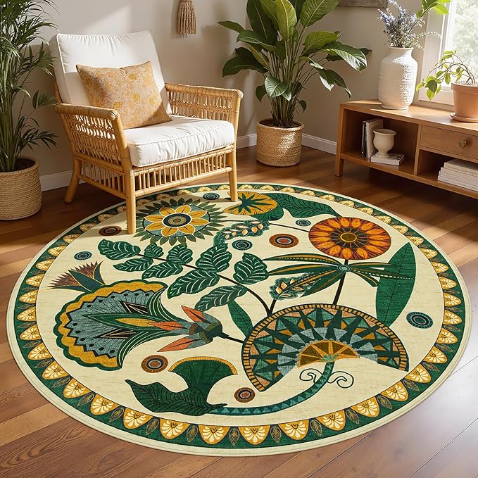 Joydeco Egypt Floral Boho Round Rugs 6FT, Washable Circle Area Rug for Bedroom Living Room Playroom, Vintage Beige Non Slip Circular Throw Carpet for Nursery Dorm Classroom Dining Room