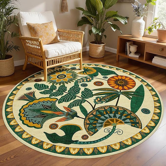Joydeco Egypt Floral Boho Round Rugs 6FT, Washable Circle Area Rug for Bedroom Living Room Playroom, Vintage Beige Non Slip Circular Throw Carpet for Nursery Dorm Classroom Dining Room