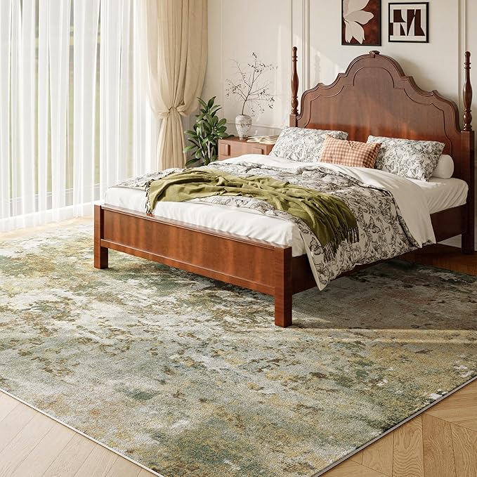 Green Washable Rug 6x9 Area Rugs for Living Room Bedroom Carpet, Indoor Vintage Abstract Boho Large Rug Non Slip Faux Wool Rugs for Dorm, Dining Room Table, Nursery, Kids Playroom, Sage Green