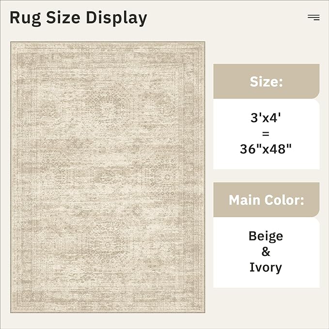 Soalmost 3x4 Rug, Small Area Rug for Kitchen, Entryway, Machine Washable Non-Slip Throw Rug, Vintage Carpet for Nursery Coffee Table Beige