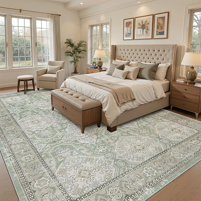 Soalmost 8x10 Area Rugs, Washable Rugs, Large Stain Resistant Area Rug for Living Room Bedroom Dining Room, Vintage Farmhouse Rug Green