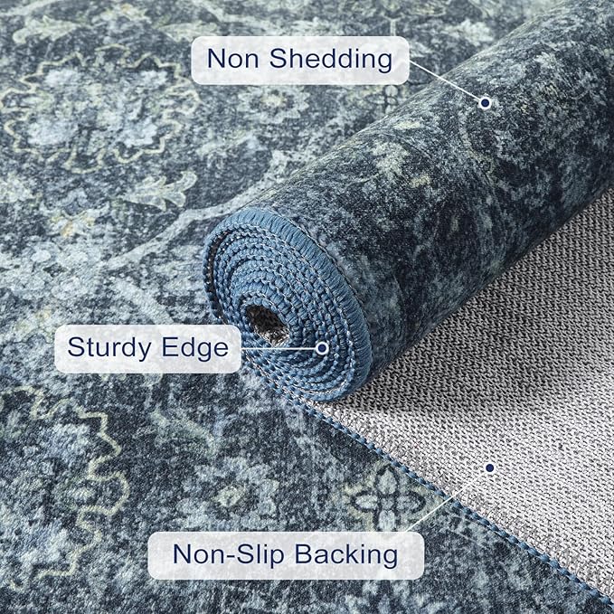 Hedlive Vintage Blue Rugs for Living Room, Ultra-Thin Washable Rugs 8x10 Area Rugs for Bedroom Non Slip, Stain Resistant Vintage Carpet Rug for Dining Room High Traffic Area (8'x10', Blue)