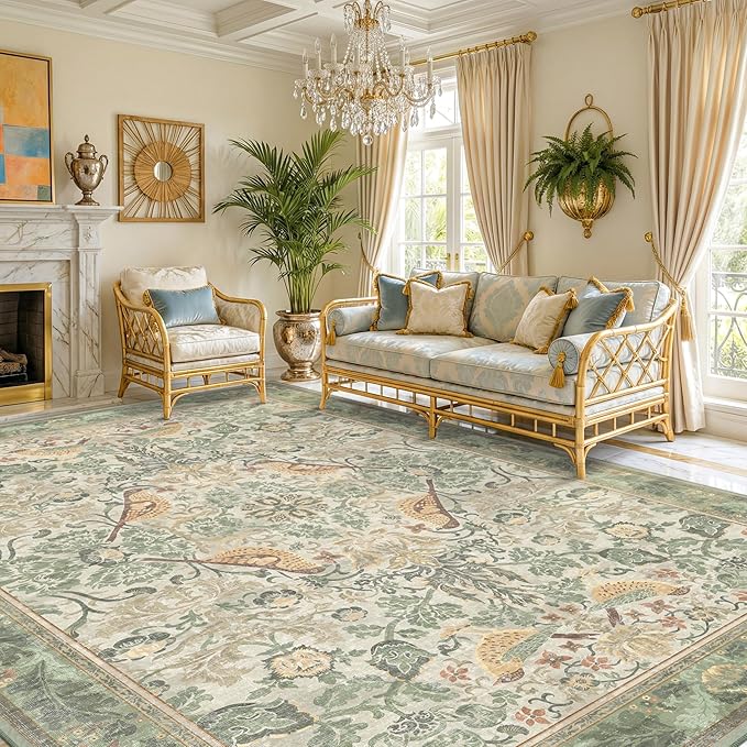 Hazo Haus Washable Floral Bird Rugs for Living Room - Sage Green 8x10 Area Rugs for Bedroom Under Bed, Dining Room Kitchen Table Rug for Under Table, Nature Botanical Decor, Stain Resistant Non-Slip