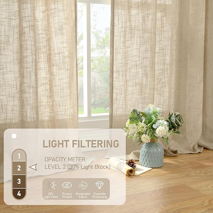 LAMIT Brown Semi Sheer Linen Curtains 48 Inch Length 2 Panels, Light Filtering Panels Back Tab and Rod Pocket Neutral Drapes for Kitchen/Window/Loft Room, 34 x 48 Inch