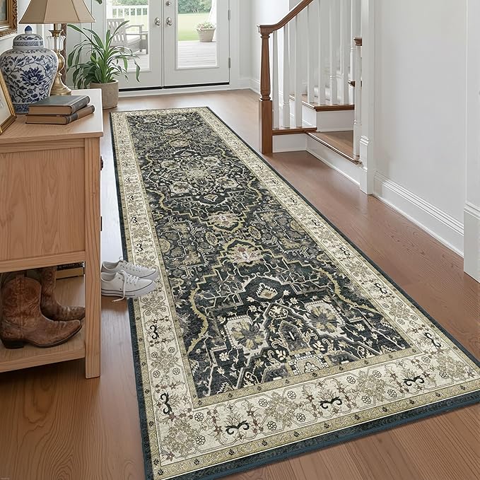 Washable Hallway Runner Rug - 3x8 Kitchen Rug Distressed Low Pile Mats Non Slip Soft Rugs for Dining Room with Rubber Backing Bedroom Runner with Vintage Design (Black 3x8)
