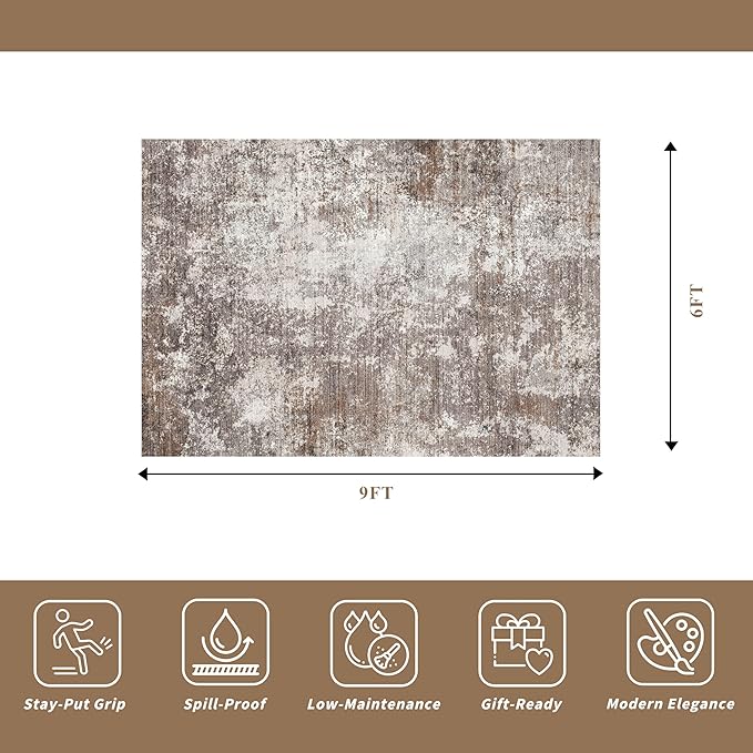 Area Rugs for Living Room: 6x9 Washable Neutral Abstract Rug for Bedroom Large Soft Modern Dining Room Rugs Indoor Floor Low Pile Carpet for Home Office (Brown Beige,6x9)