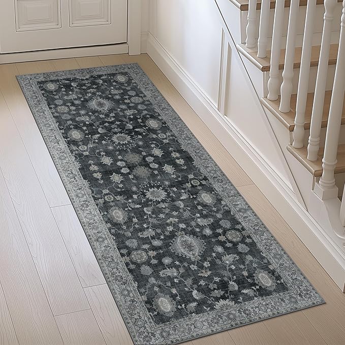 GENIMO Runner Rug for Hallways Machine Washable, 2x6 Non Slip Boho Vintage Lightweight Washable Runners, Thin Floor Rugs for Entryway Hallway Bathroom Laundry Room Corridor, Charcoal