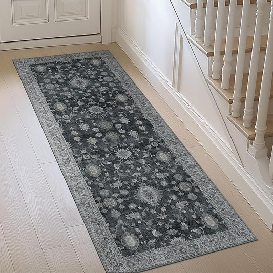 GENIMO Runner Rug for Hallways Machine Washable, 2x6 Non Slip Boho Vintage Lightweight Washable Runners, Thin Floor Rugs for Entryway Hallway Bathroom Laundry Room Corridor, Charcoal