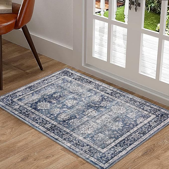 GarveeHome Area Rugs 2x3 Vintage Printed Floor Carpet with Non-Slip Backing, Stain-Resistant Oriental Throw Doormat, Washable Farmhouse Low Pile Rugs for Living Room, Bedroom, Office, Blue