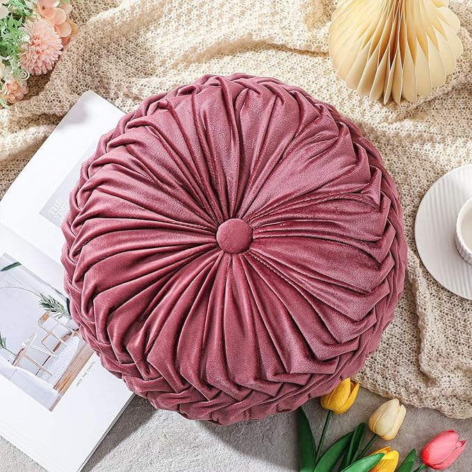 Drydiet 2 Pcs Round Throw Velvet Pillows Decorative Pleated Throw Pillows 15'' Diameter Accent Pumpkin Boho Chair Cushion for Couch Sofa Home Decoration (Dusty Rose)