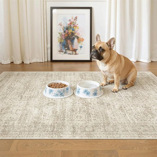 Soalmost 3x4 Rug, Small Area Rug for Kitchen, Entryway, Machine Washable Non-Slip Throw Rug, Vintage Carpet for Nursery Coffee Table Beige
