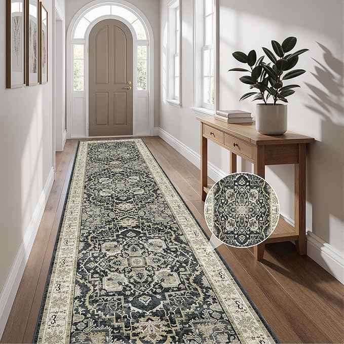3x12 Runner Rug for Hallway, Non-Slip Long Washable Rug, Soft Thin Vintage Floor Mat for Kitchen, Bathroom, Bedroom, Entryway, Dining Room (Black, 3'x12')