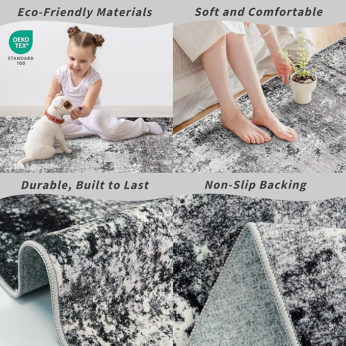 2x10ft Hallway Runner Rug – Non-Slip Washable Long Carpet Runner for Kitchen Entryway Living Room Bedroom Bathroom, Modern Abstract Neutral Low-Pile Thin (Black Grey,2x10)
