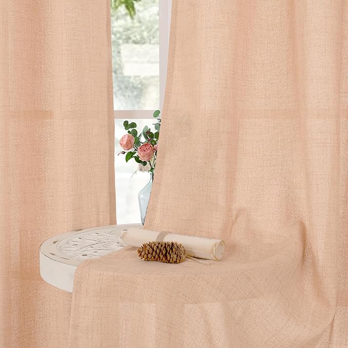 YoungsTex Peach Linen Curtains 45 Inches Long for Short Window, Semi Sheer Textured Drapes with Bronze Grommet Light Filtering Spring Decor for Bedroom Living Room, 42 x 45 Inch, 2 Panels