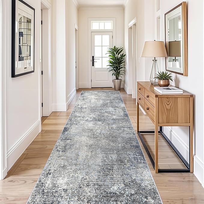 4x12 ft Extra Wide Hallway Rug – Non-Slip Washable Large Long Carpet Runner for Kitchen, Indoor Entryway, Modern Abstract Low-Pile Thin Floor Mat for Bedroom, Living Room, Dining Room（Blue Grey,4x12）