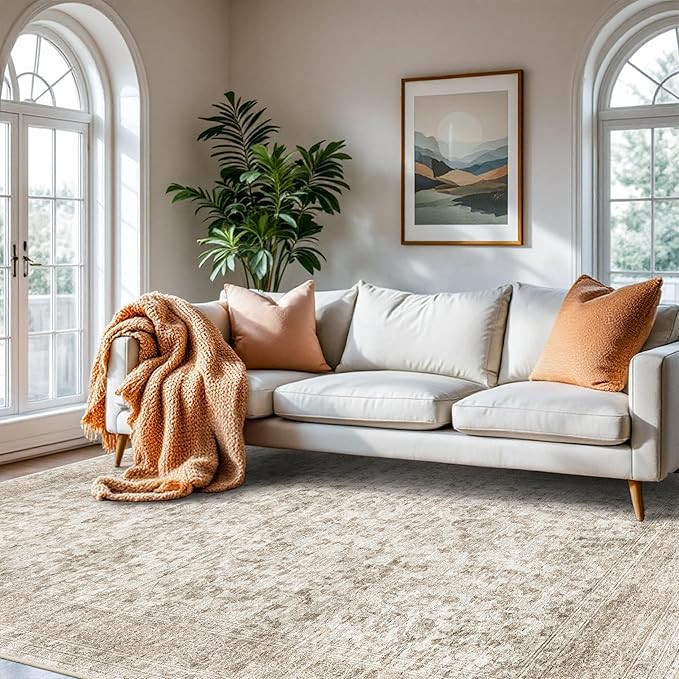 RUUGME Living Room Area Rug 8x10 - Vintage Washable Rugs with Non Slip Backing Indoor Stain Resistant Carpet for Bedroom Playroom Soft Lightweight Ultra-Thin Home Decor Mat 8x10 Beige Brown